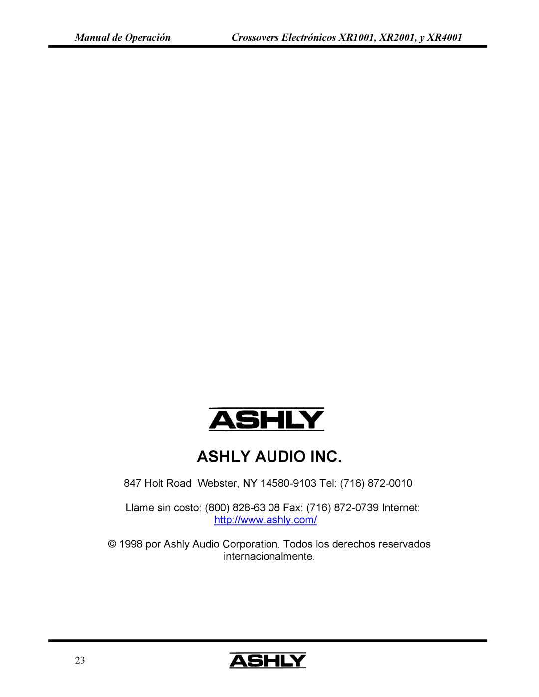 Ashly XR 1OO1, XR 4OO1, XR 2OO1 manual Ashly Audio INC 