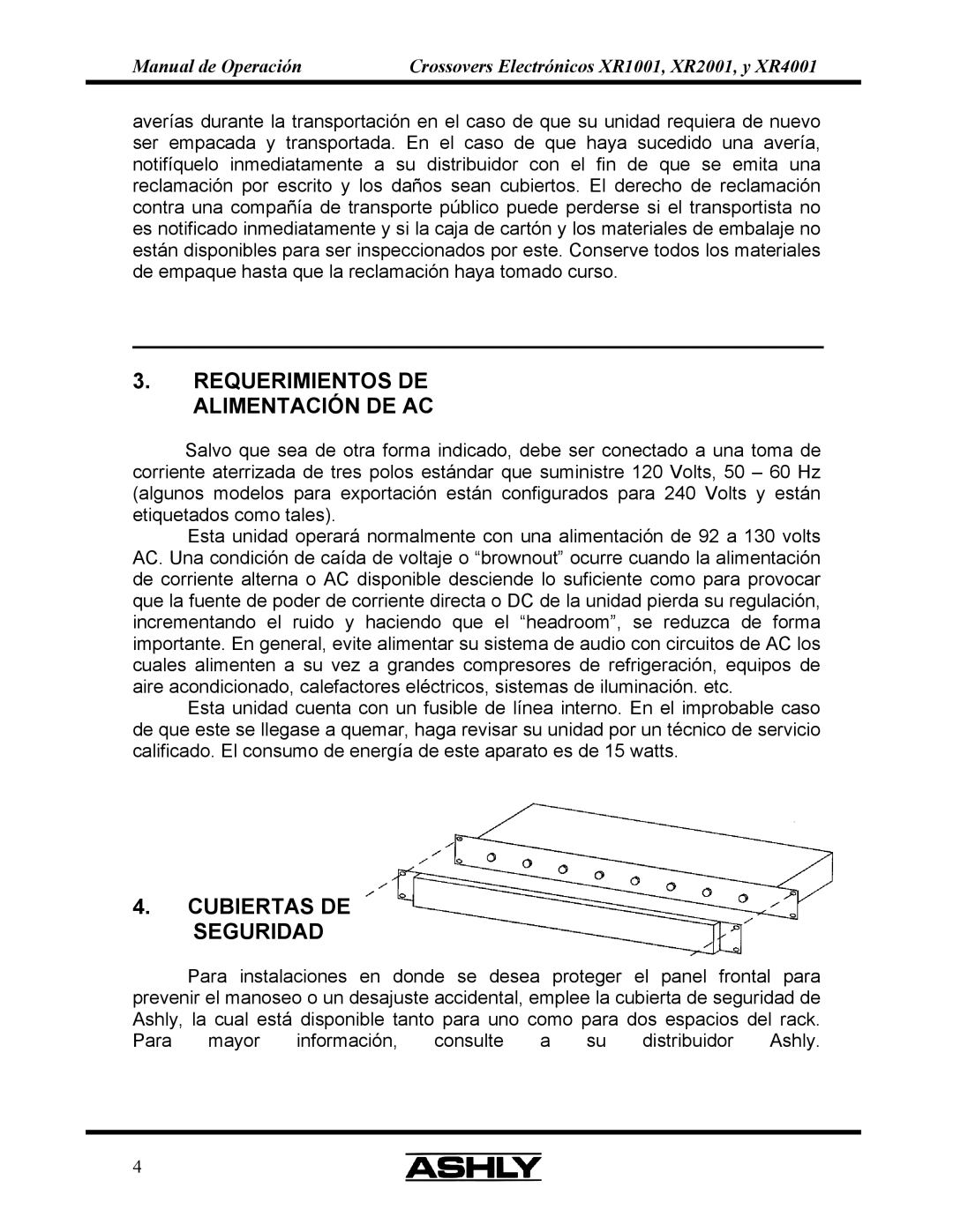 Ashly XR 2OO1, XR 4OO1, XR 1OO1 manual Requerimientos DE Alimentación DE AC, Cubiertas DE Seguridad 