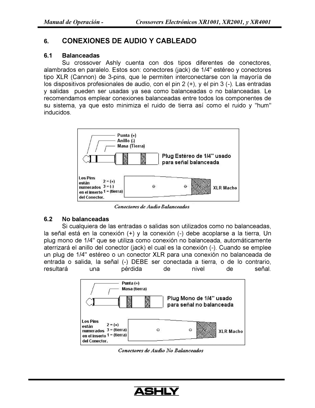 Ashly XR 4OO1, XR 2OO1, XR 1OO1 manual Conexiones DE Audio Y Cableado, Balanceadas 