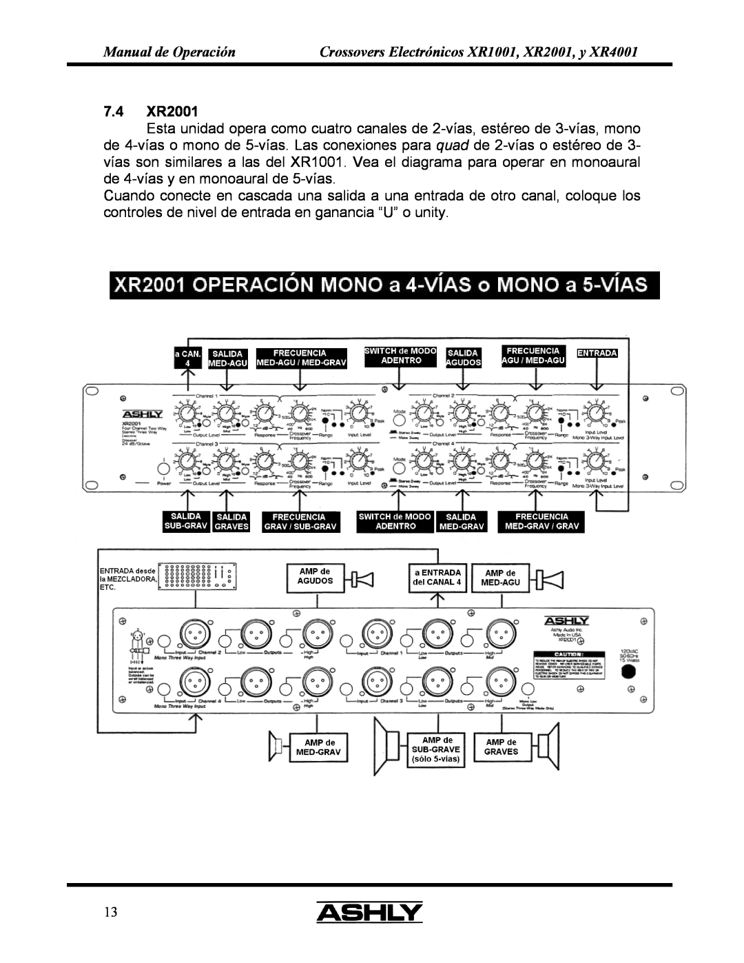 Ashly XR 2OO1, XR 4OO1, XR 1OO1 manual Manual de Operación, Crossovers Electrónicos XR1001, XR2001, y XR4001, 7.4 XR2001 