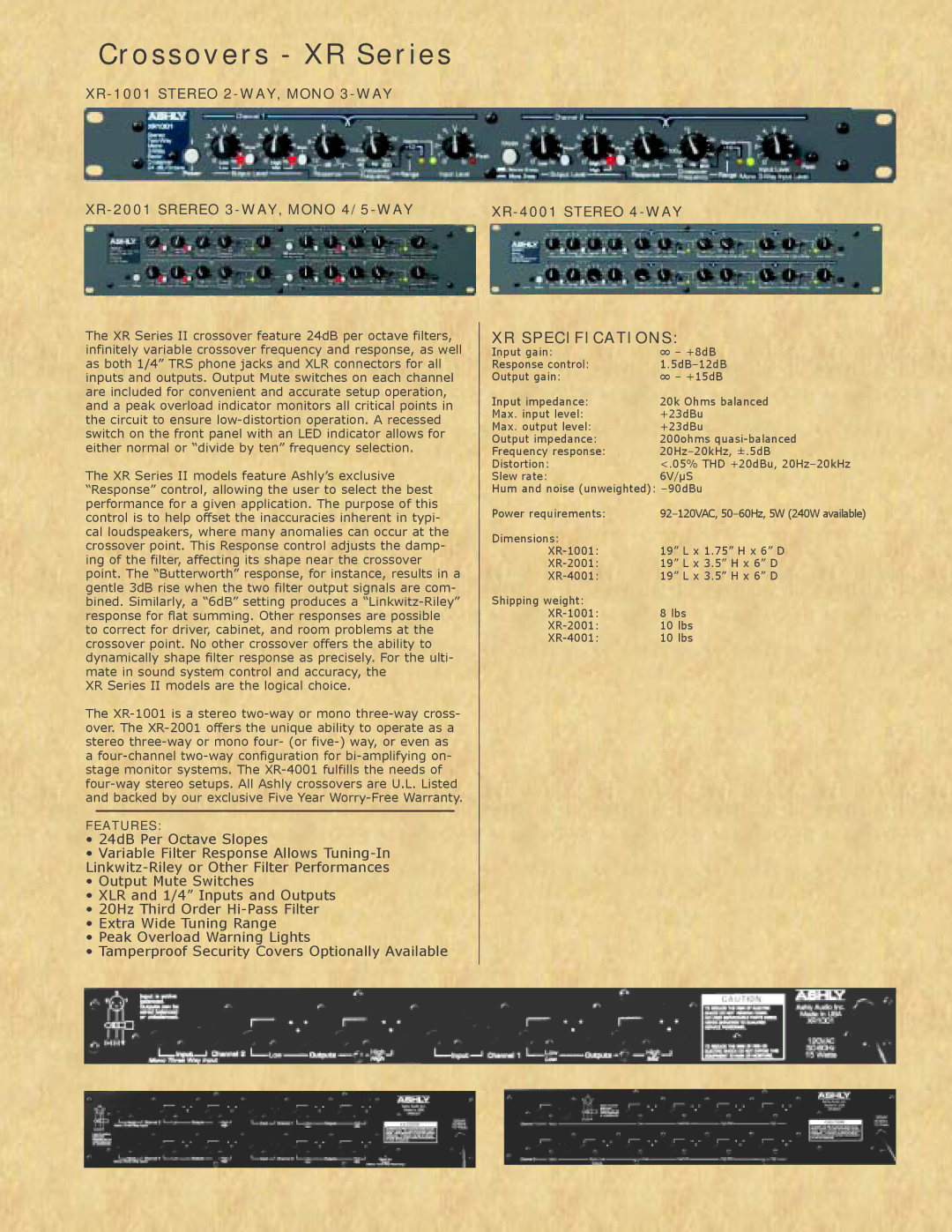 Ashly specifications Crossovers XR Series, XR Specifications, XR Series II models are the logical choice 