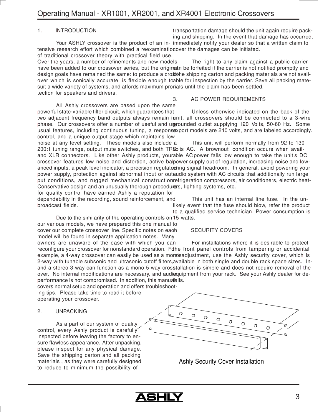 Ashly XR2001, XR4001, XR1001 manual Introduction, Unpacking, AC Power Requirements, Security Covers 