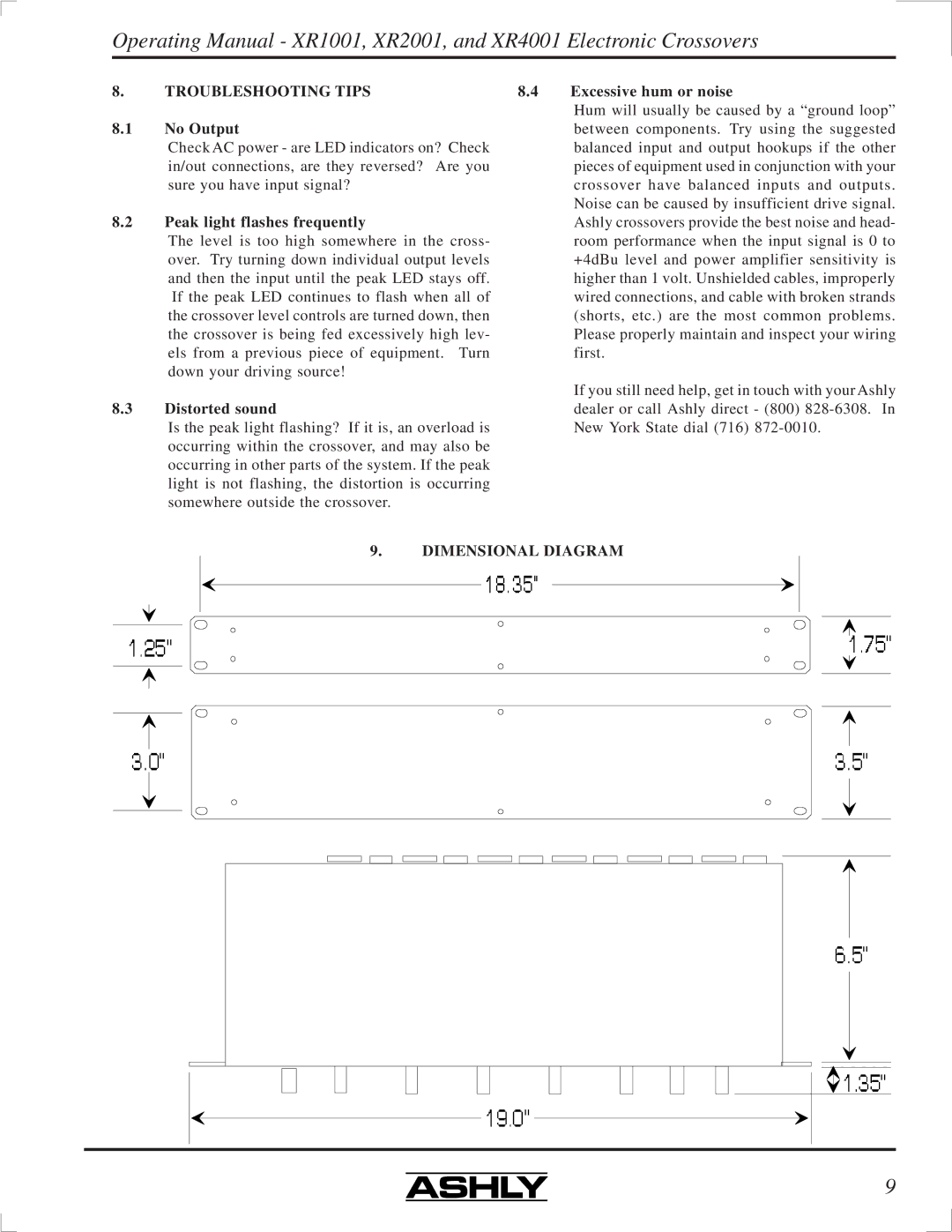 Ashly XR2001, XR4001, XR1001 manual Troubleshooting Tips, Dimensional Diagram 