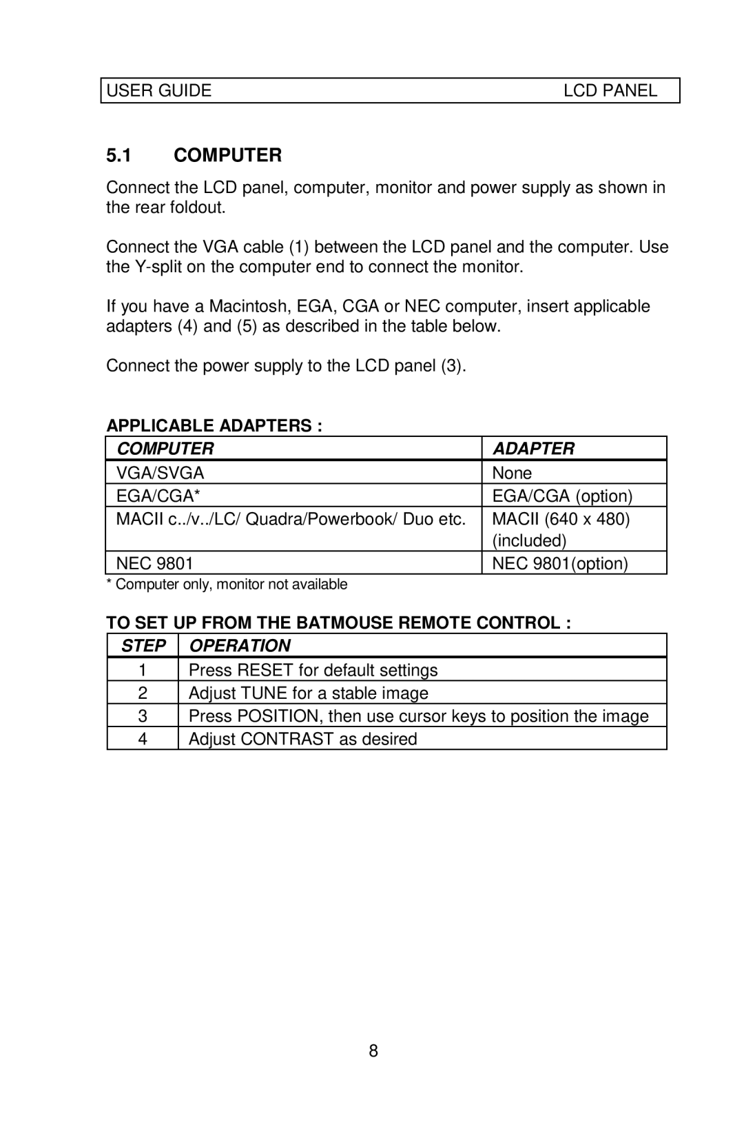 Ask Proxima 64 manual Applicable Adapters, Computer Adapter, To SET UP from the Batmouse Remote Control, Step Operation 