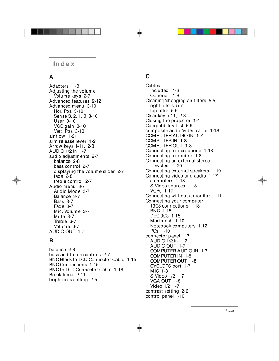 Ask Proxima 9100 manual Index 