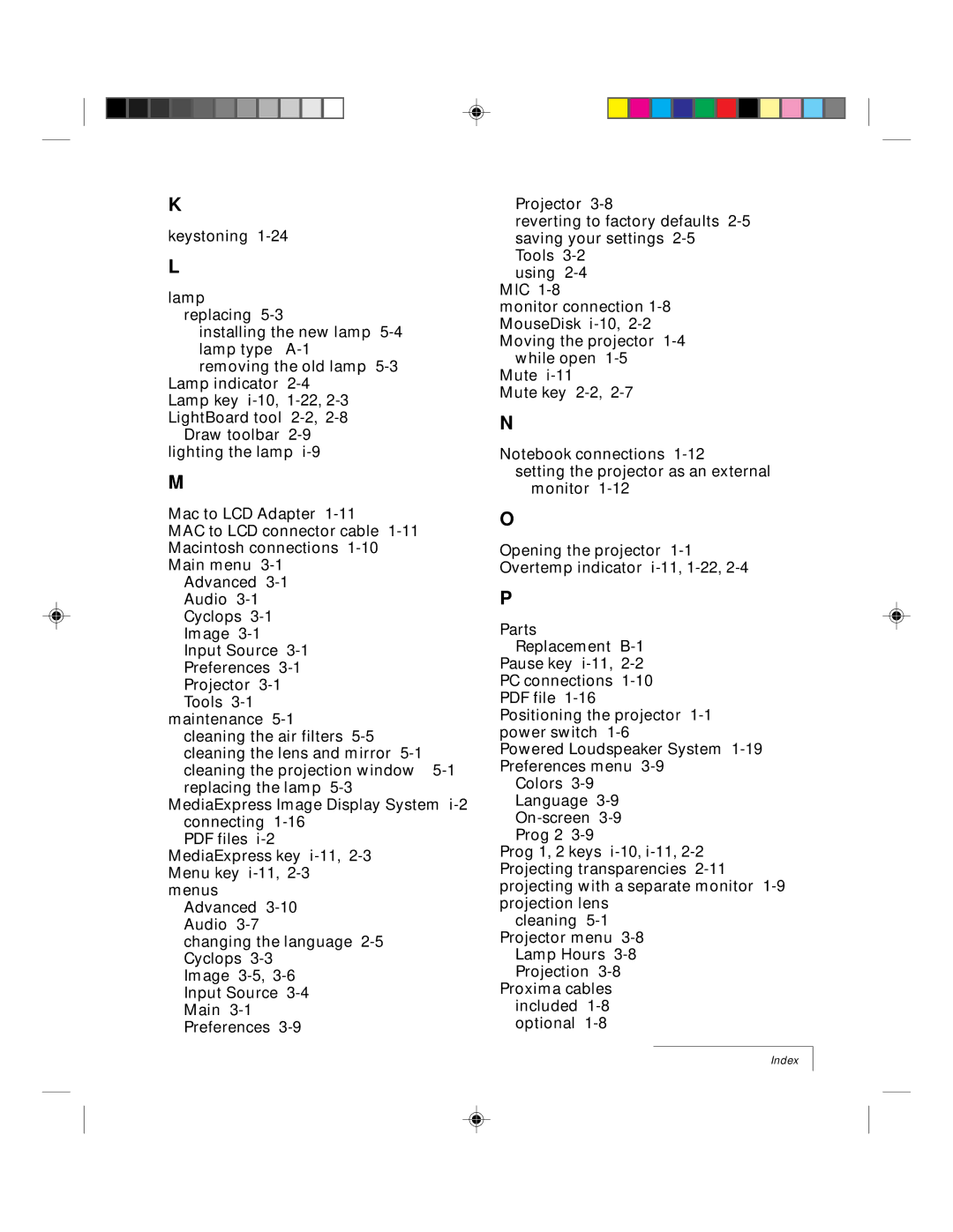 Ask Proxima 9100 manual Index 