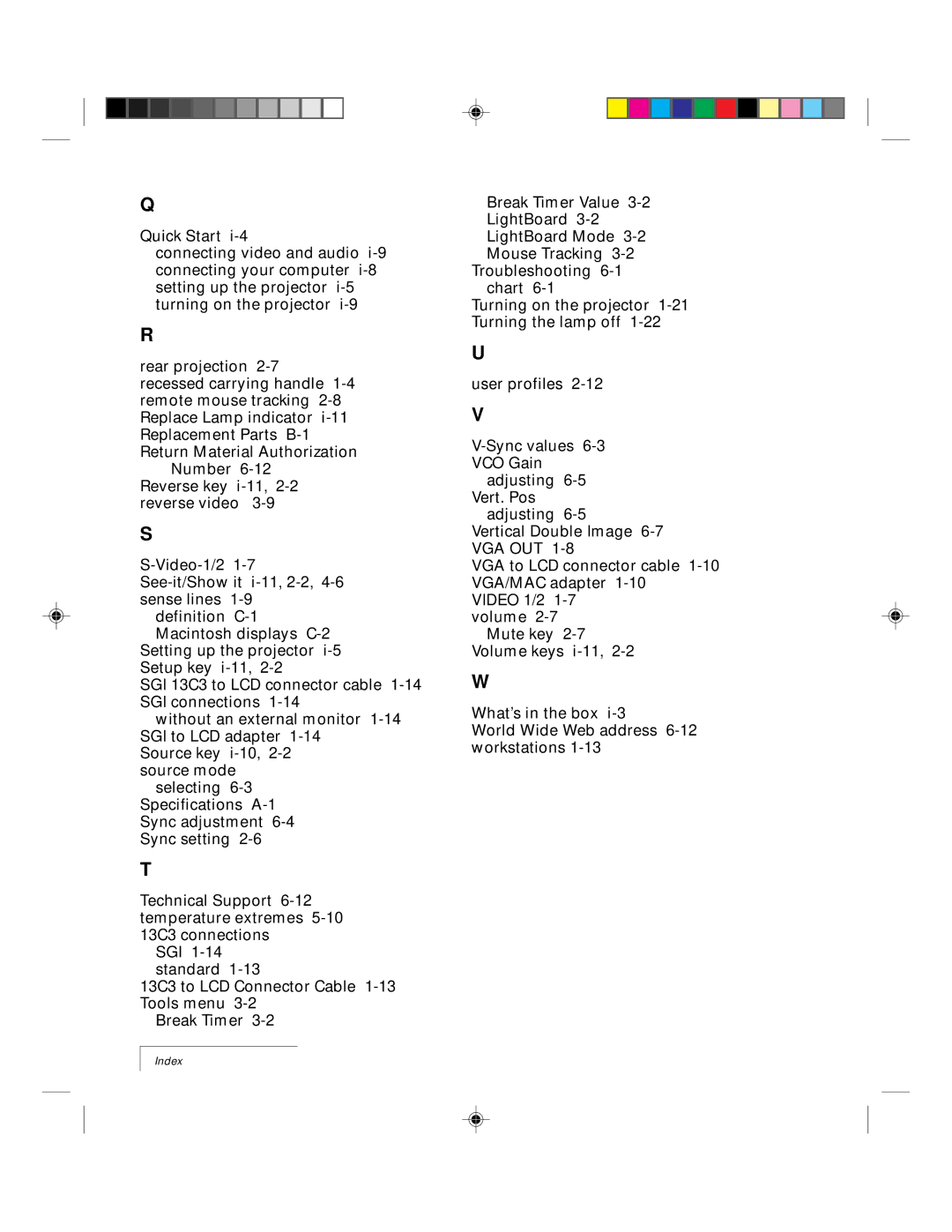 Ask Proxima 9100 manual Index 