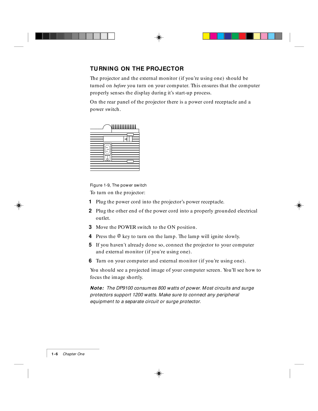 Ask Proxima 9100 manual Turning on the Projector, Power switch 