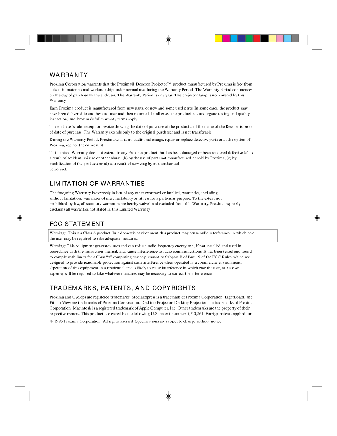 Ask Proxima 9100 manual Warranty, Limitation of Warranties, FCC Statement TRADEMARKS, PATENTS, and Copyrights 