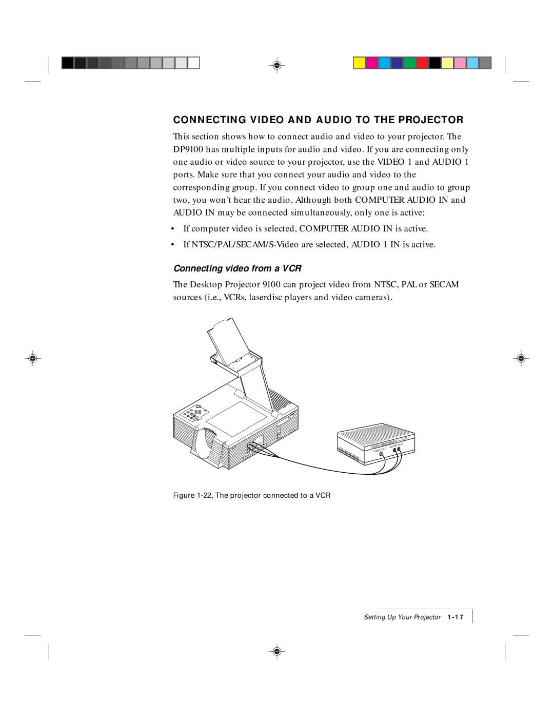 Ask Proxima 9100 manual Connecting Video and Audio to the Projector, Connecting video from a VCR 