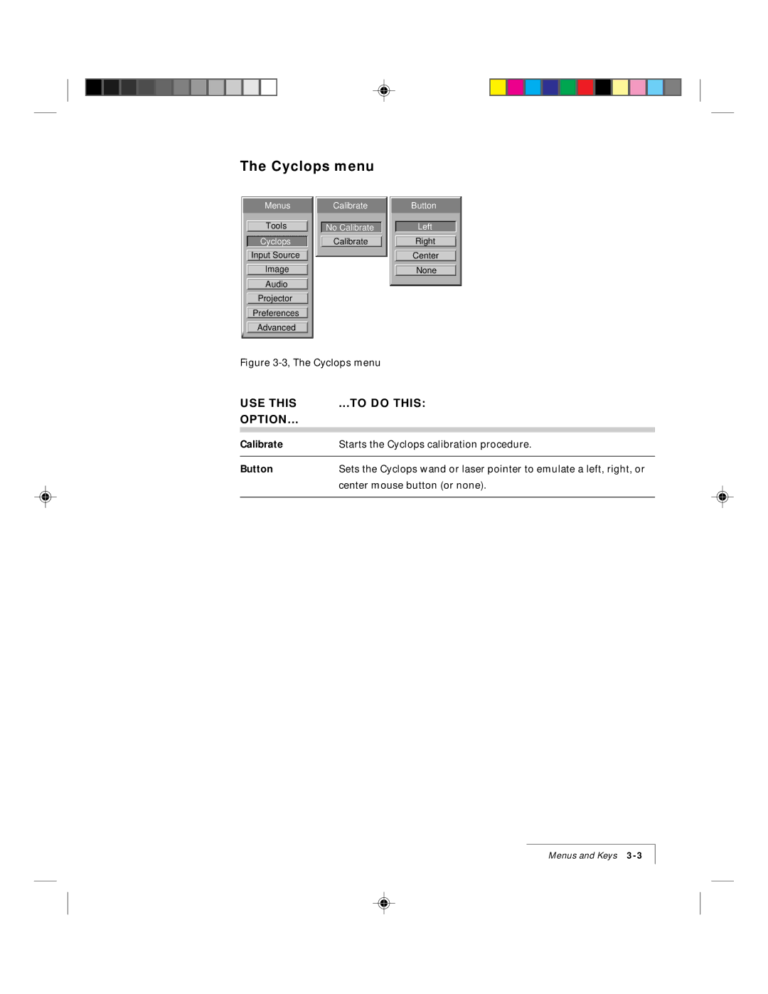 Ask Proxima 9100 manual Cyclops menu, Calibrate, Button 