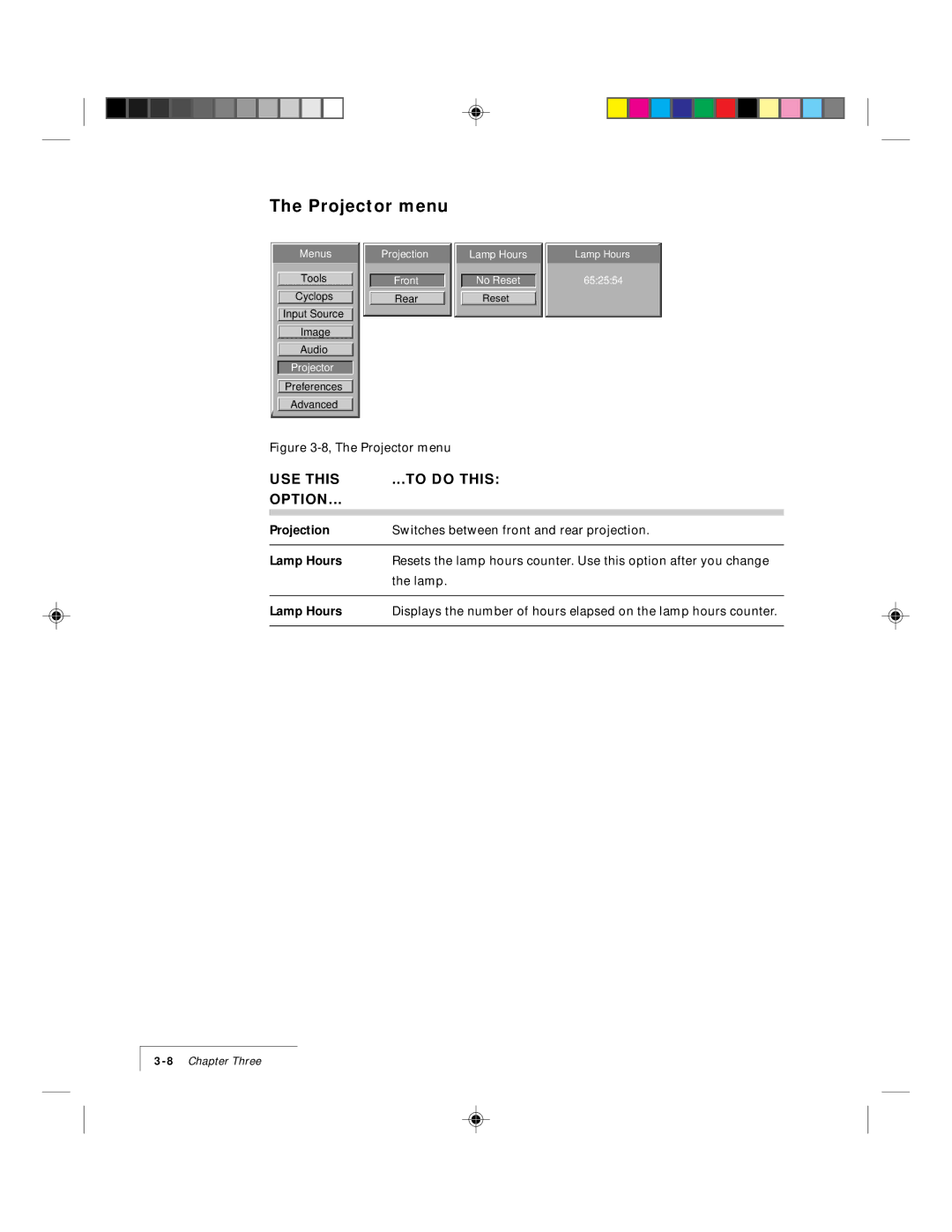 Ask Proxima 9100 manual Projector menu, Projection, Lamp Hours 