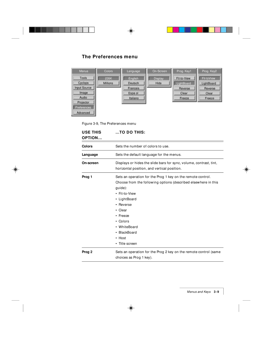 Ask Proxima 9100 manual Preferences menu, Colors, Language, On-screen, Prog 