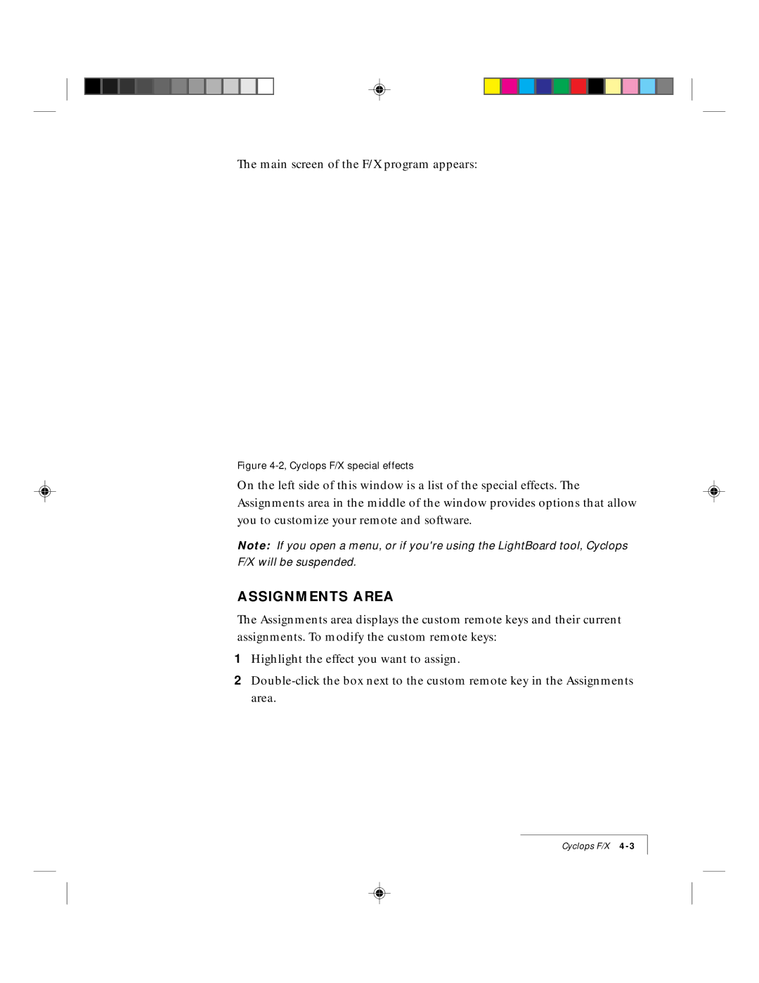 Ask Proxima 9100 manual Assignments Area, Cyclops F/X special effects 