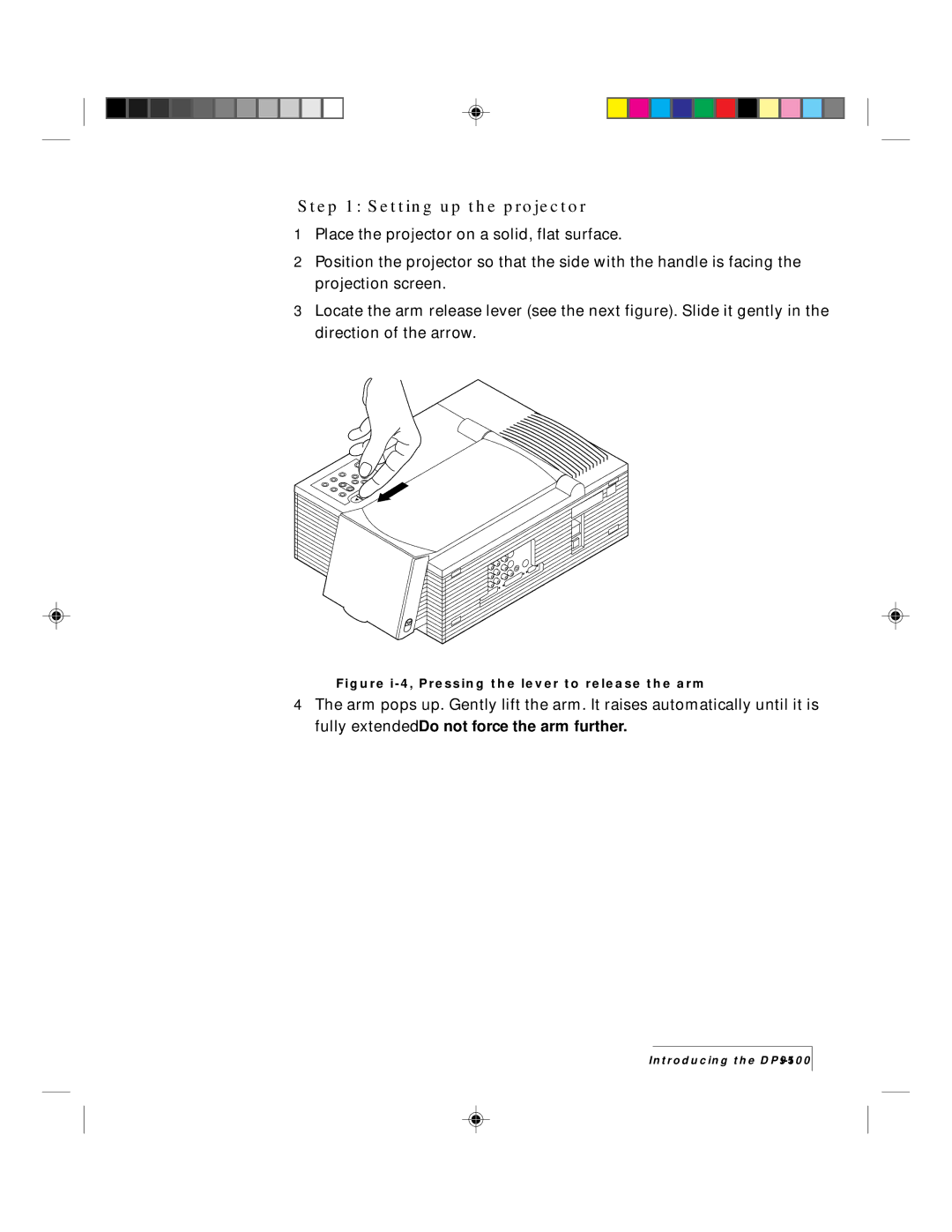 Ask Proxima 9100 manual Setting up the projector, Figure i-4, Pressing the lever to release the arm 