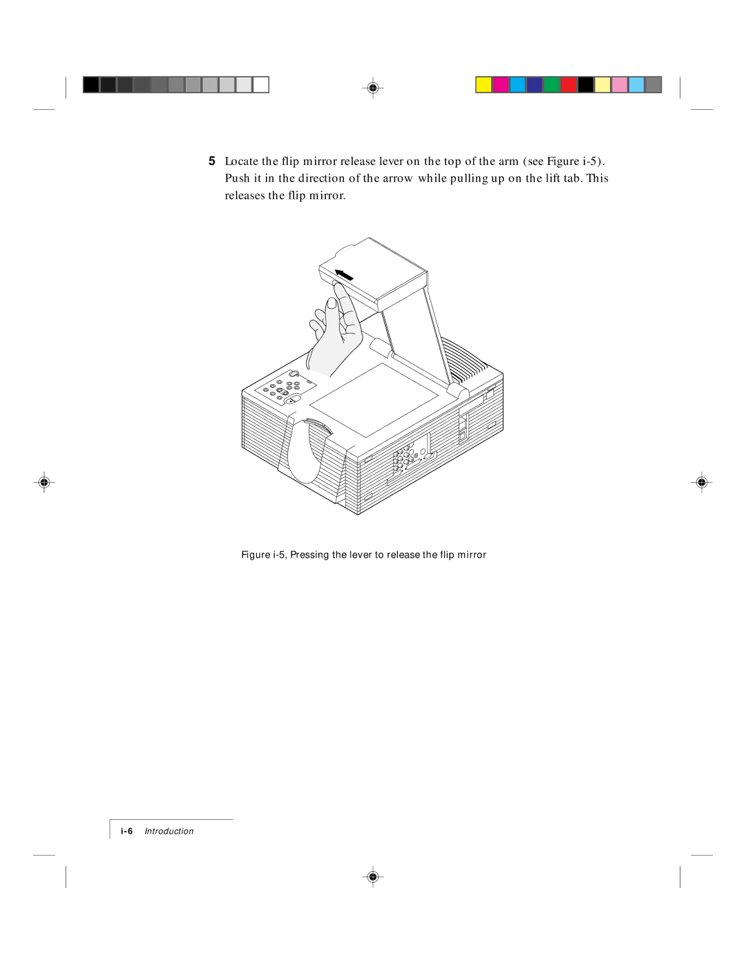 Ask Proxima 9100 manual Figure i-5, Pressing the lever to release the flip mirror 