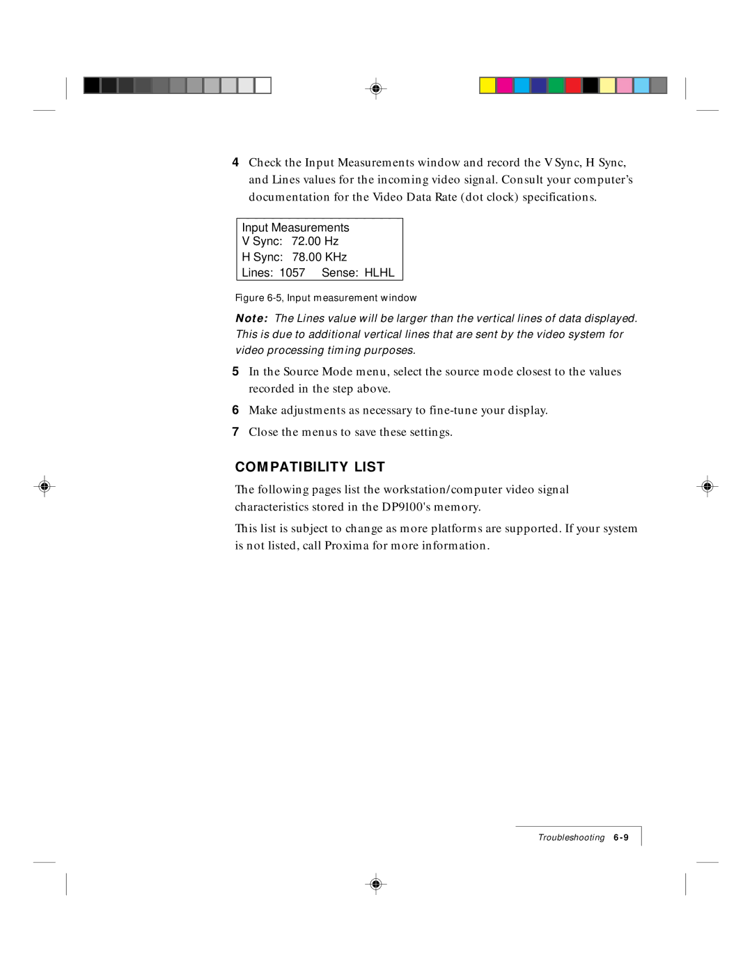 Ask Proxima 9100 manual Compatibility List, Input measurement window 