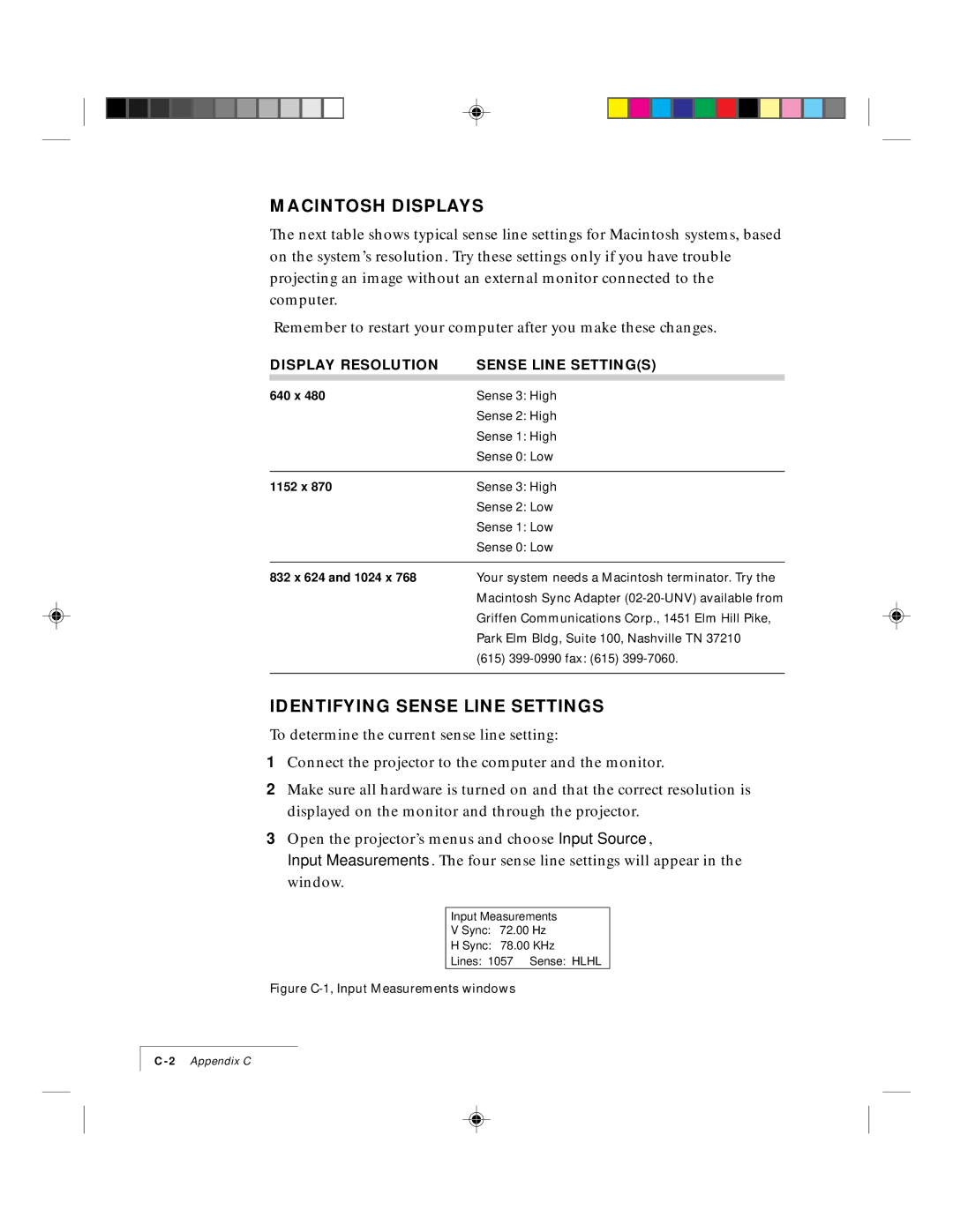 Ask Proxima 9100 manual Macintosh Displays, Identifying Sense Line Settings, Display Resolution Sense Line Settings 