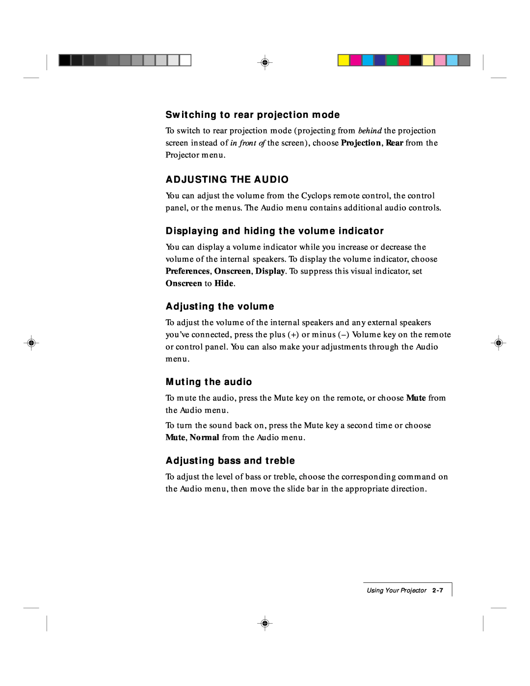 Ask Proxima 9100 manual Switching to rear projection mode, Adjusting The Audio, Displaying and hiding the volume indicator 