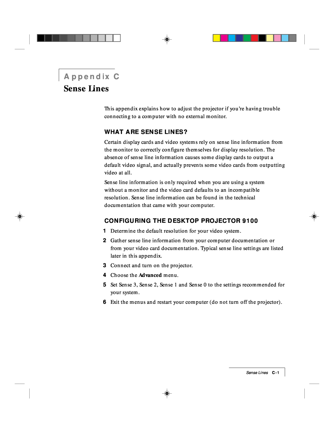 Ask Proxima 9100 manual Appendix C, What Are Sense Lines?, Configuring The Desktop Projector 