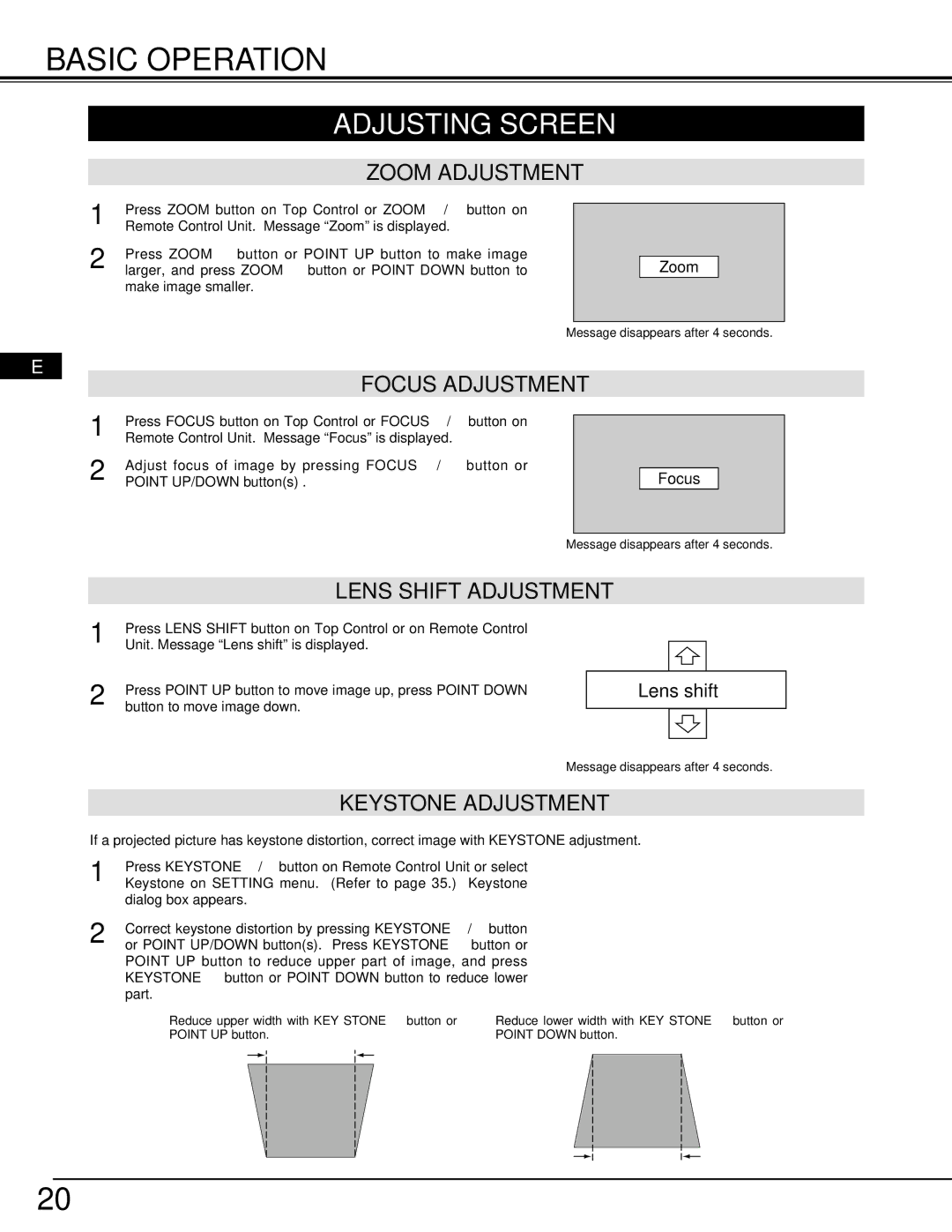 Ask Proxima 9290 manual Basic Operation, Adjusting Screen, Focus Adjustment, Lens Shift Adjustment, Keystone Adjustment 