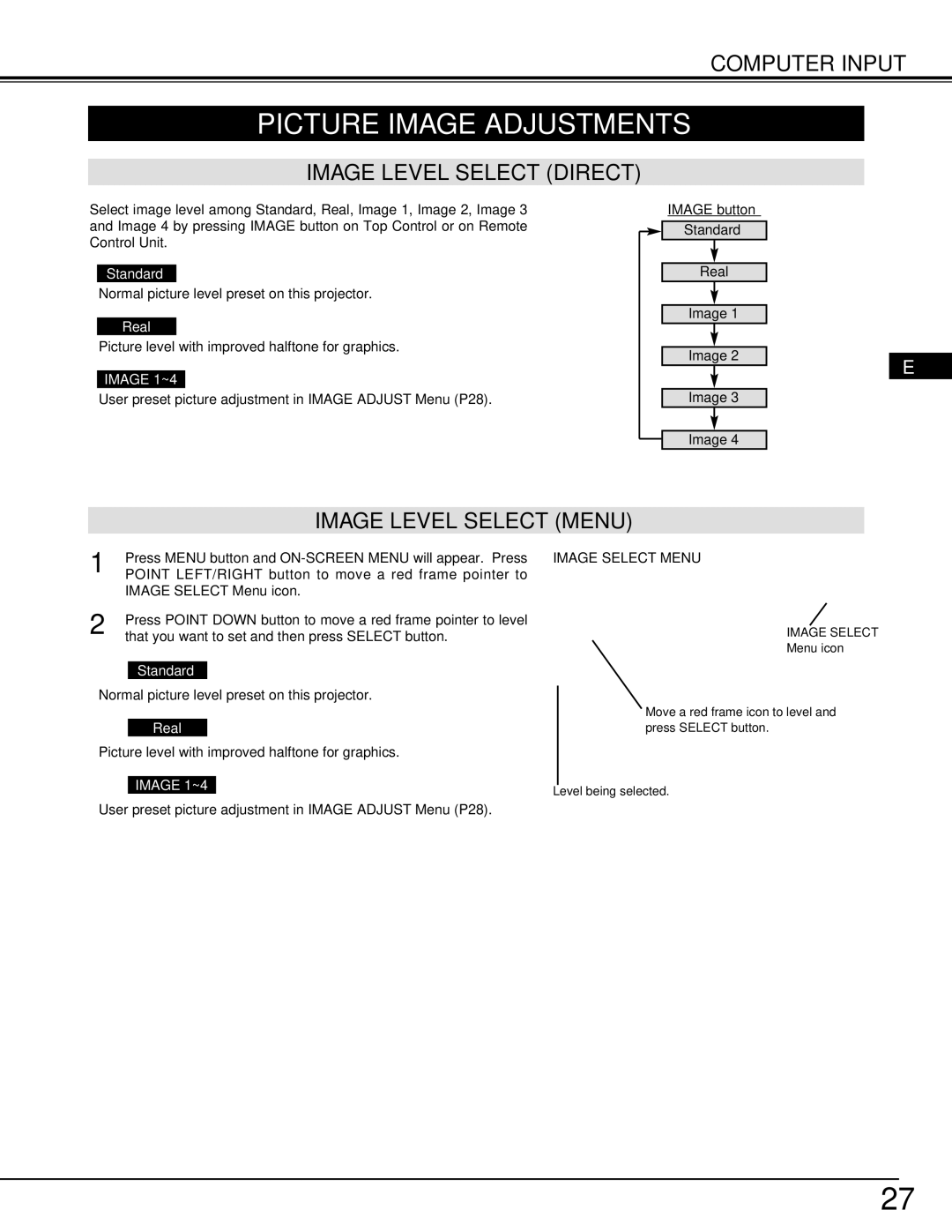 Ask Proxima 9290 manual Picture Image Adjustments, Image Level Select Direct, Image Level Select Menu, Image 1~4 