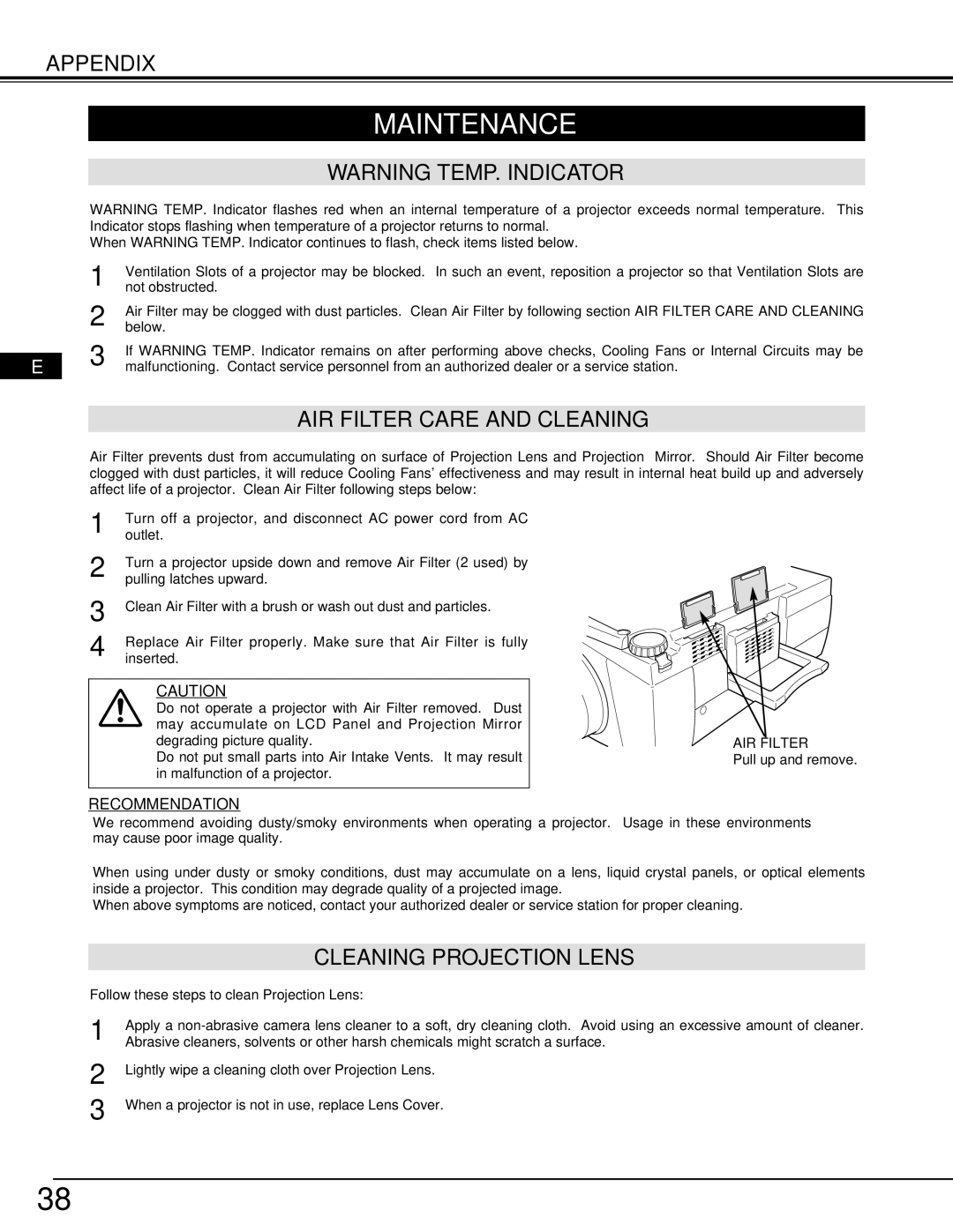 Ask Proxima 9290 manual Maintenance, AIR Filter Care and Cleaning, Cleaning Projection Lens 