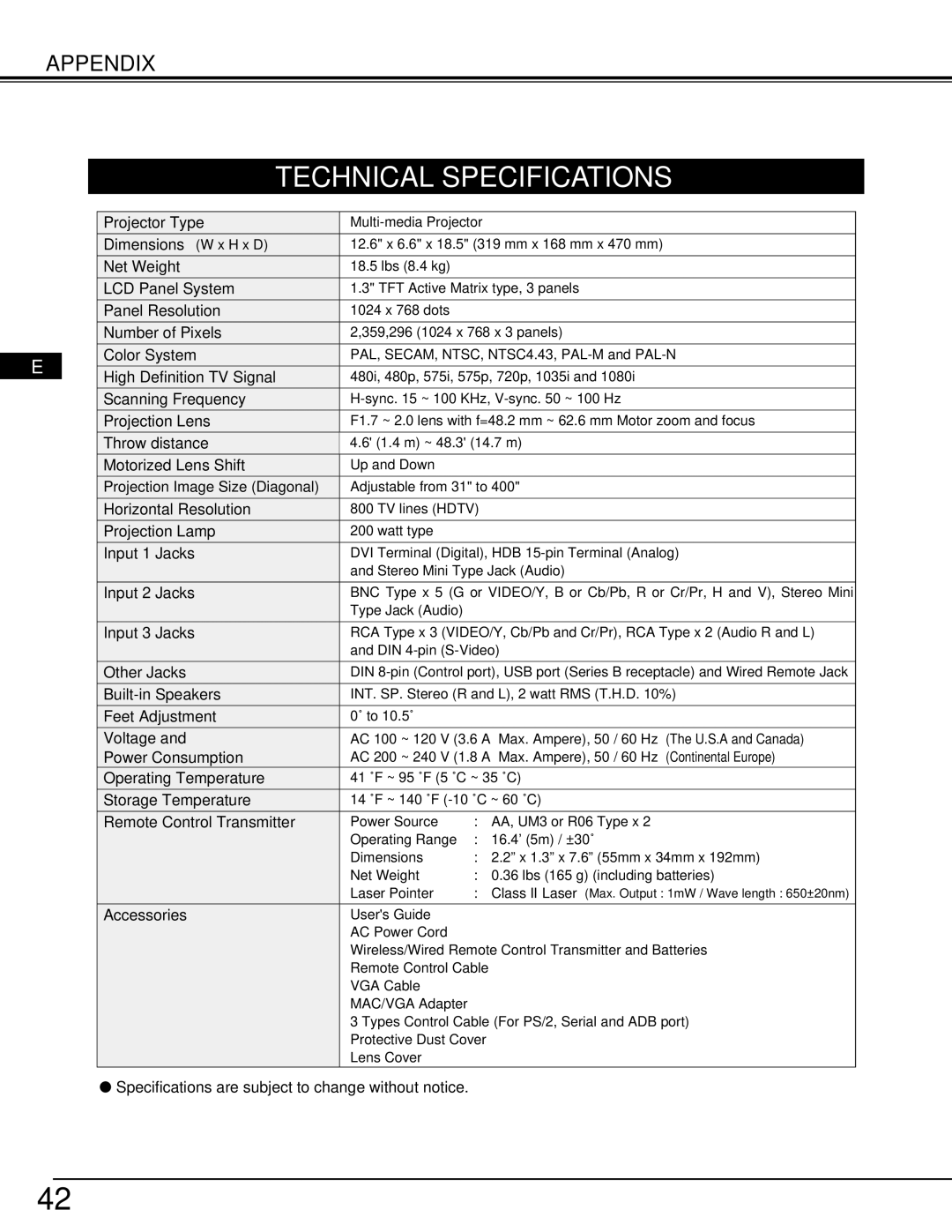 Ask Proxima 9290 manual Technical Specifications 