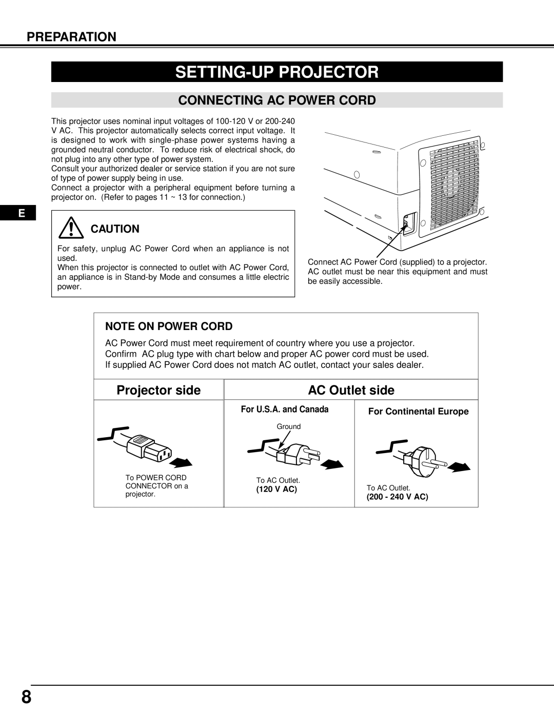 Ask Proxima 9290 manual SETTING-UP Projector, Connecting AC Power Cord, For U.S.A. and Canada For Continental Europe 