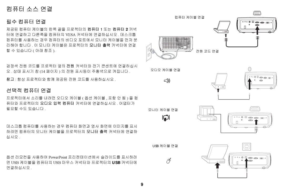 Ask Proxima A1200EP manual 컴퓨터 소스 연결, 필수 컴퓨터 연결, 선택적 컴퓨터 연결 