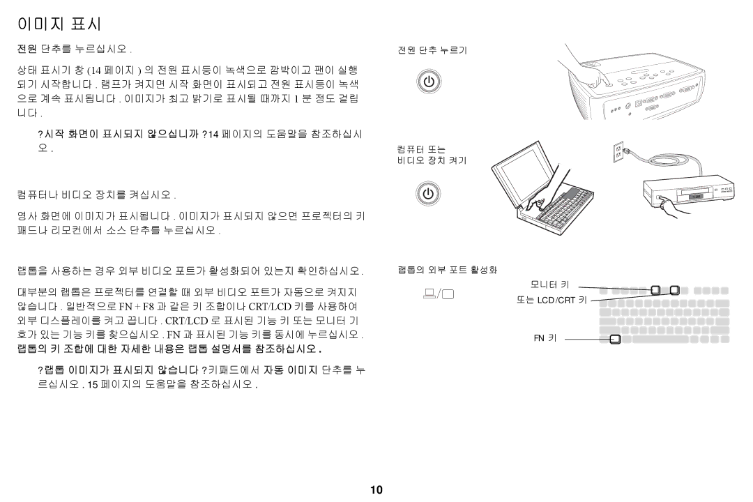 Ask Proxima A1200EP manual 이미지 표시, ? 시작 화면이 표시되지 않으십니까 ? 14 페이지의 도움말을 참조하십시 오 