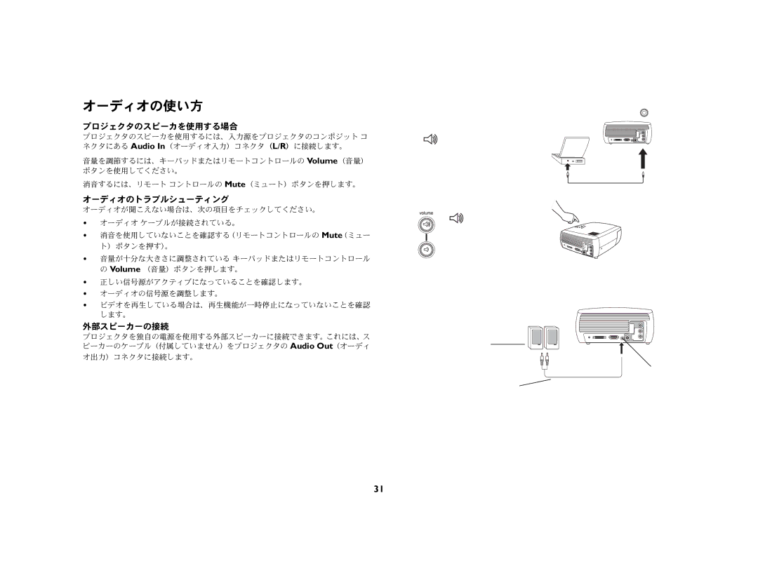 Ask Proxima c130 manual オーディオの使い方, プロジェクタのスピーカを使用する場合, オーディオのトラブルシューティング, 外部スピーカーの接続 