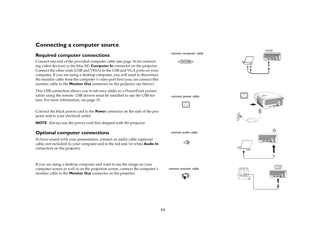 Ask Proxima c130 manual Connecting a computer source, Required computer connections, Optional computer connections 