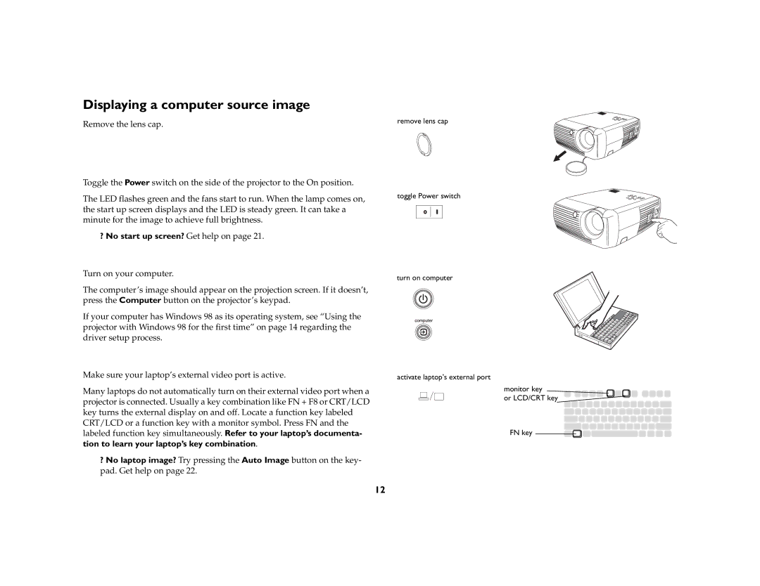 Ask Proxima c130 manual Displaying a computer source image, ? No start up screen? Get help on 