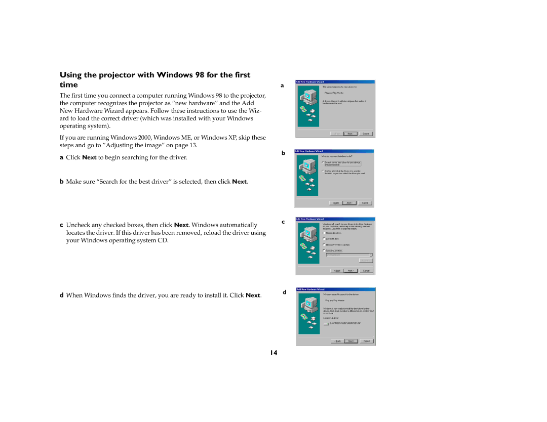 Ask Proxima c130 manual Using the projector with Windows 98 for the first time 