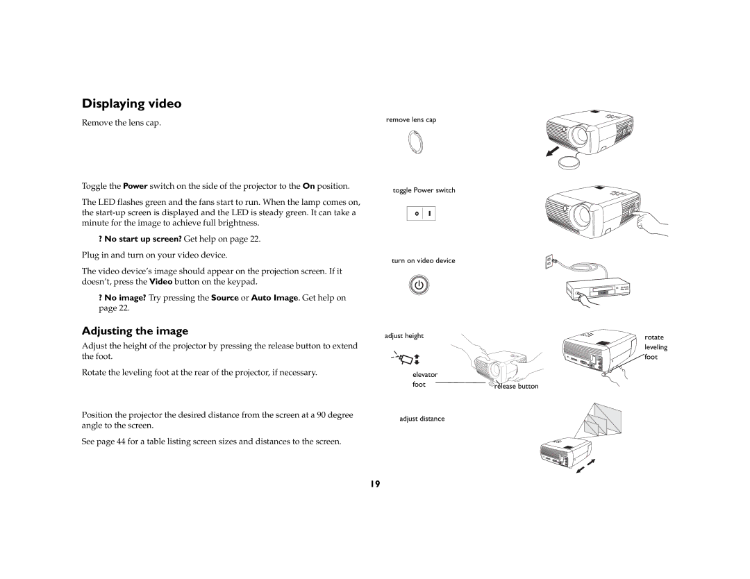 Ask Proxima c130 manual Displaying video, Adjusting the image 