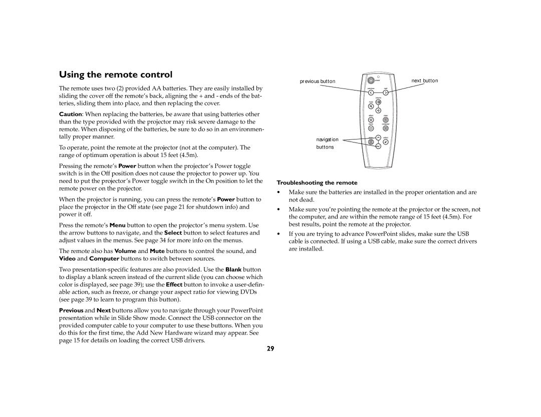 Ask Proxima c130 manual Using the remote control, Troubleshooting the remote 