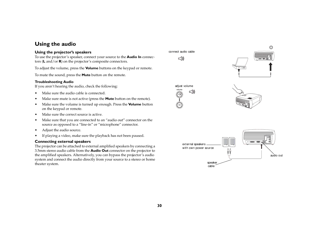 Ask Proxima c130 Using the audio, Using the projector’s speakers, Connecting external speakers, Troubleshooting Audio 