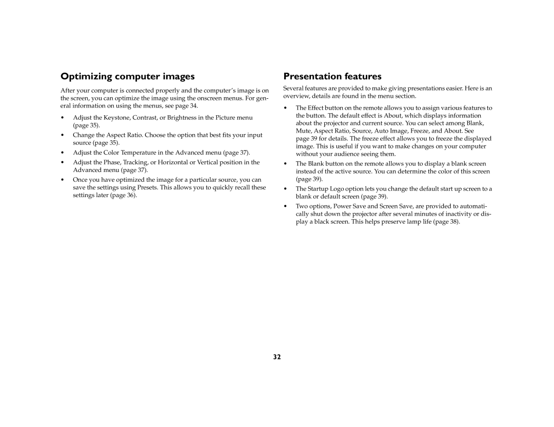 Ask Proxima c130 manual Optimizing computer images, Presentation features 