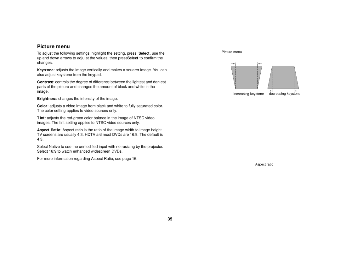 Ask Proxima c130 manual Picture menu 