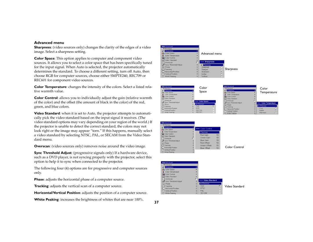 Ask Proxima c130 manual Advanced menu 