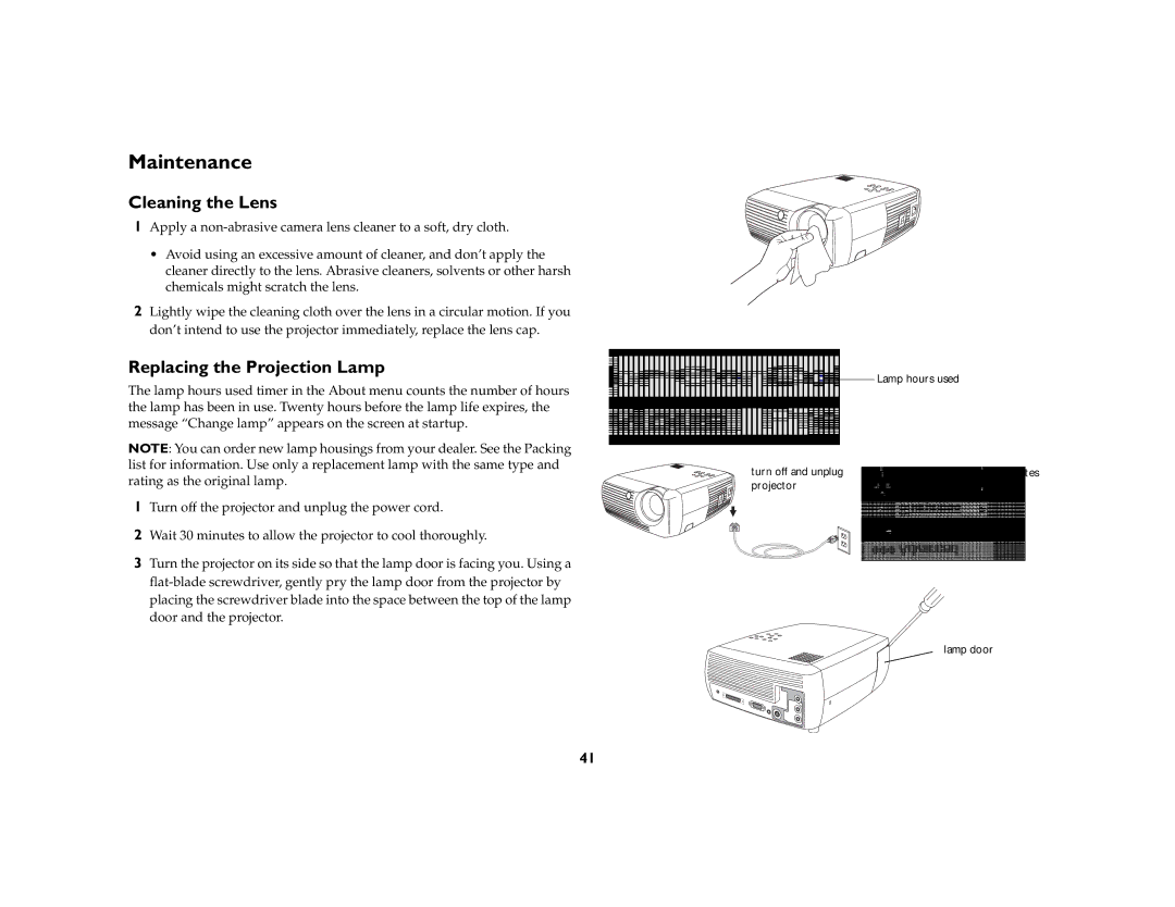 Ask Proxima c130 manual Maintenance, Cleaning the Lens, Replacing the Projection Lamp 