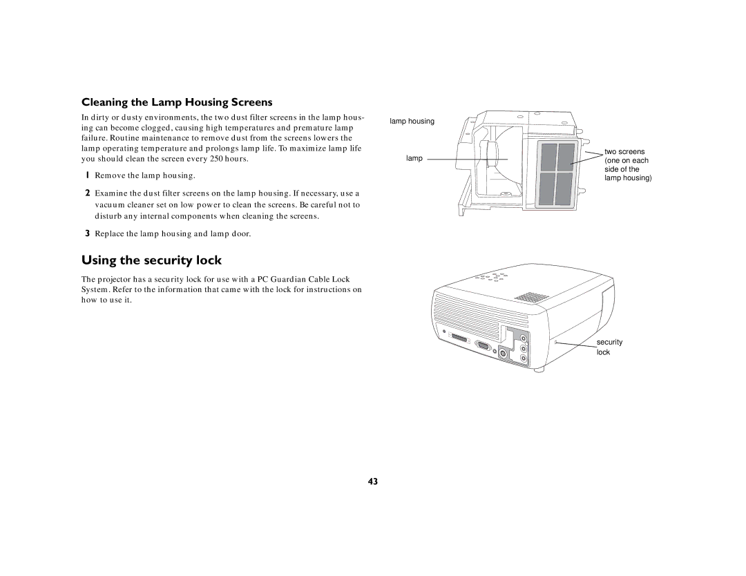 Ask Proxima c130 manual Using the security lock, Cleaning the Lamp Housing Screens 