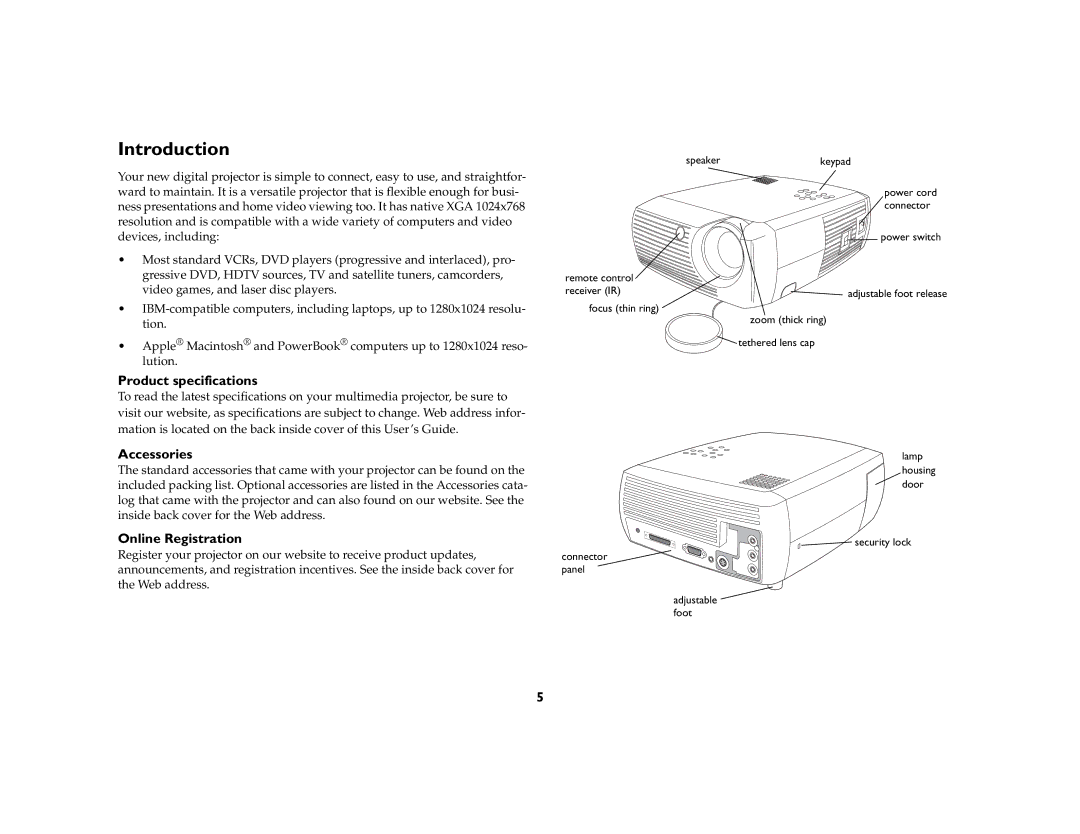 Ask Proxima c130 manual Introduction, Product specifications, Accessories, Online Registration 