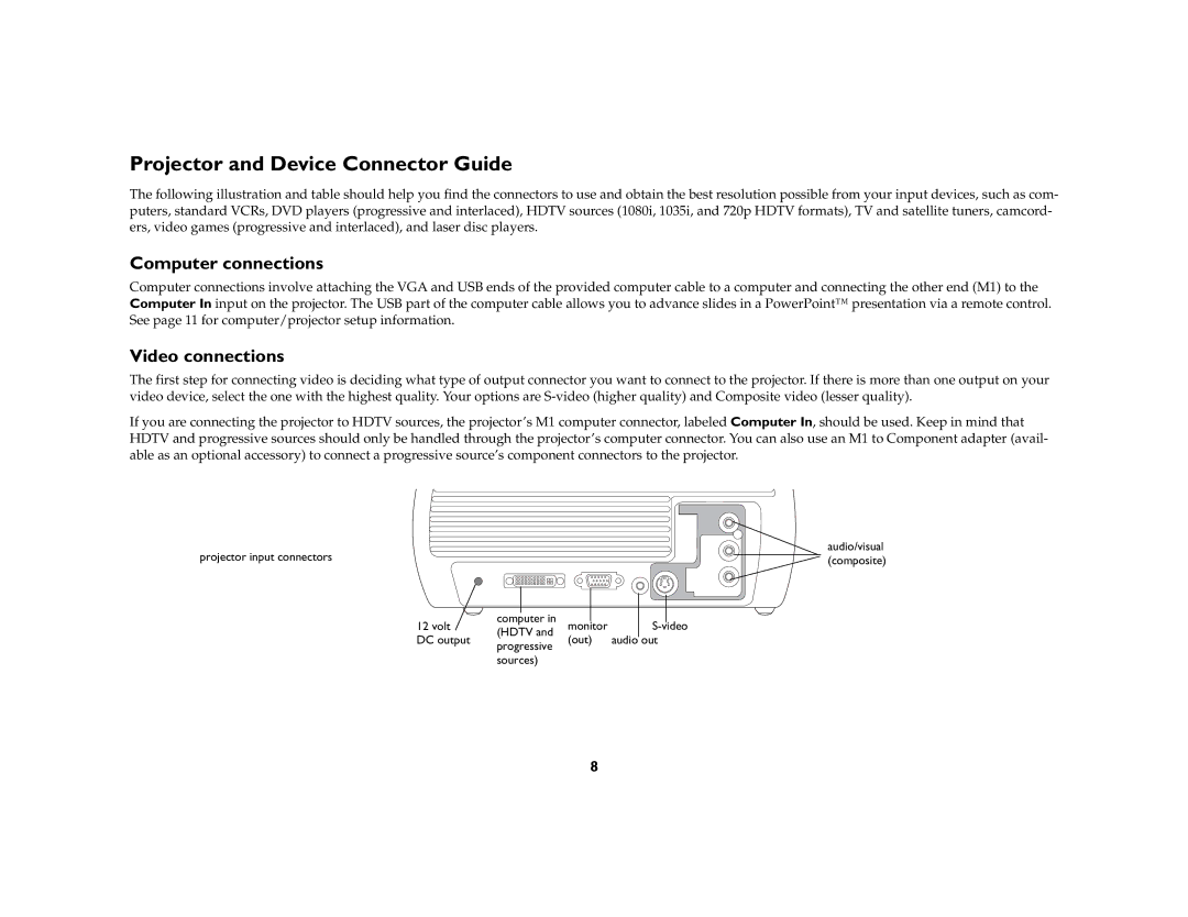 Ask Proxima c130 manual Projector and Device Connector Guide, Computer connections, Video connections 