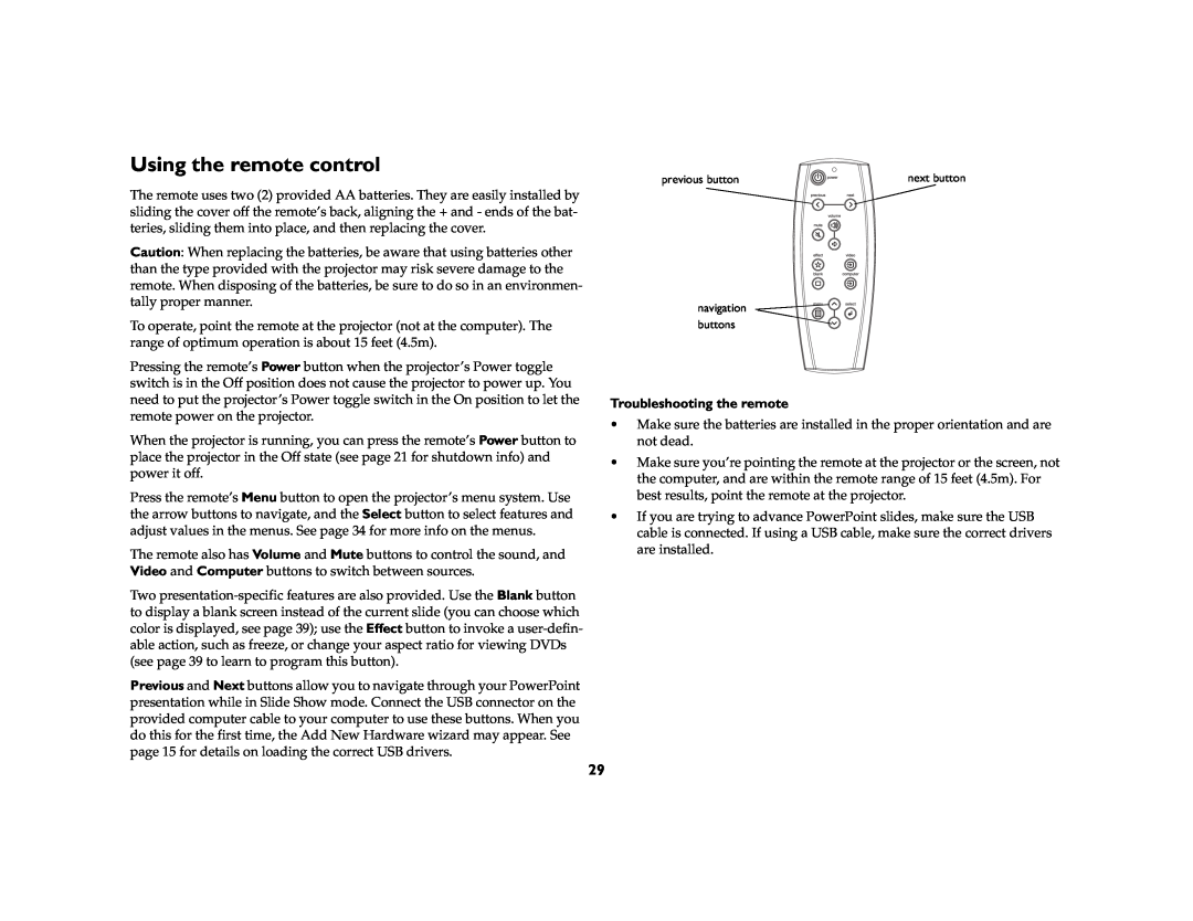 Ask Proxima c130 manual Using the remote control, Troubleshooting the remote 