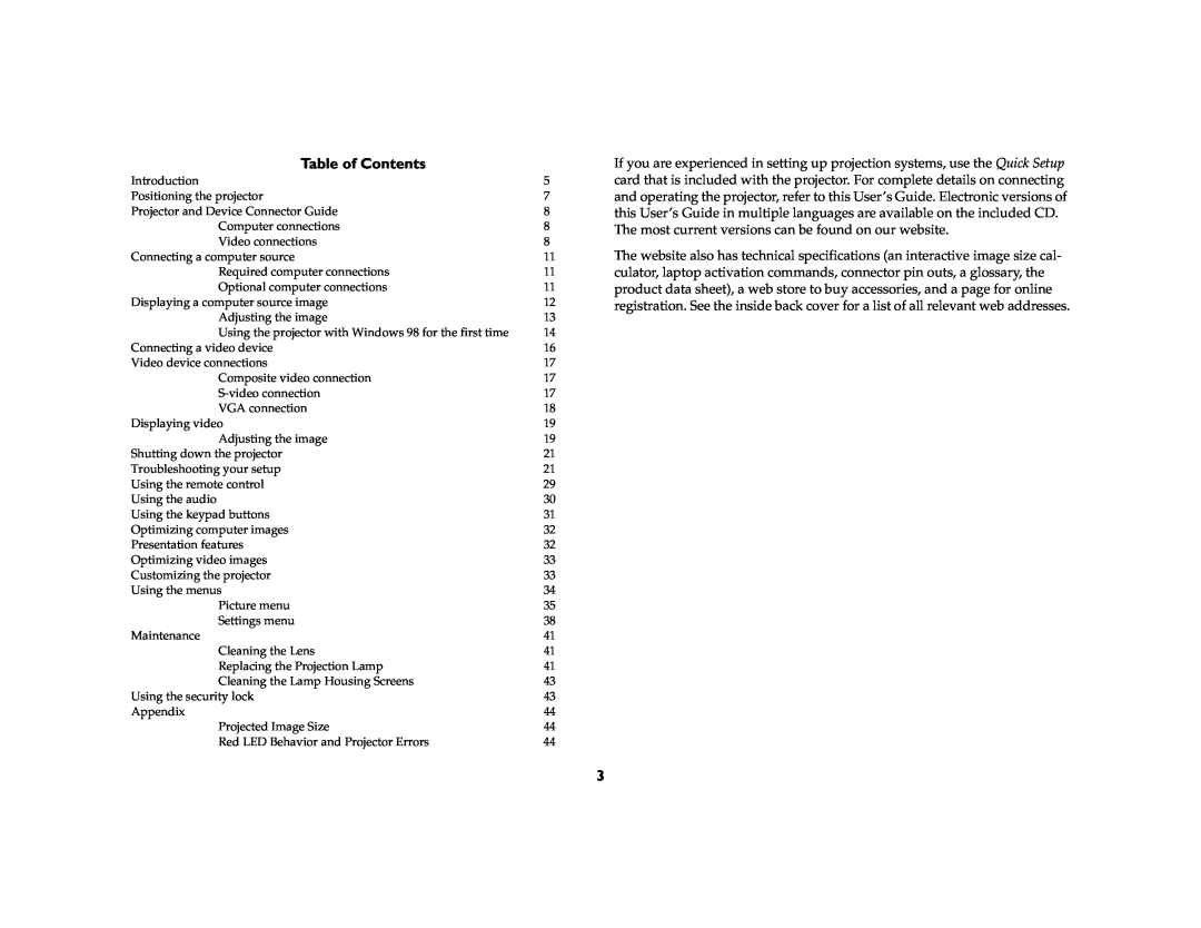 Ask Proxima c130 manual Table of Contents 