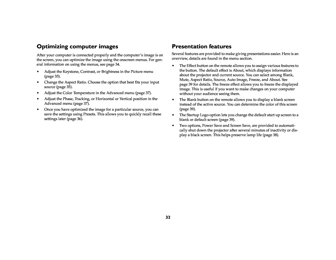 Ask Proxima c130 manual Optimizing computer images, Presentation features 