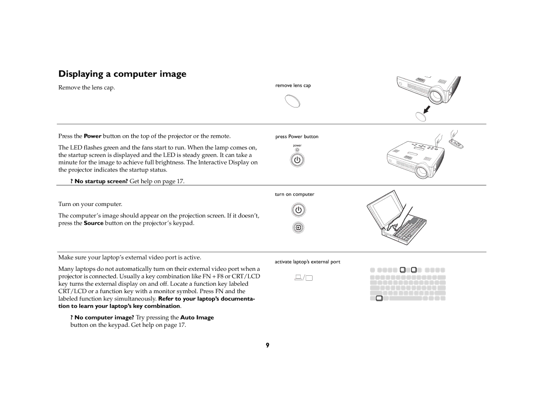 Ask Proxima C170 manual Displaying a computer image, ? No startup screen? Get help on 