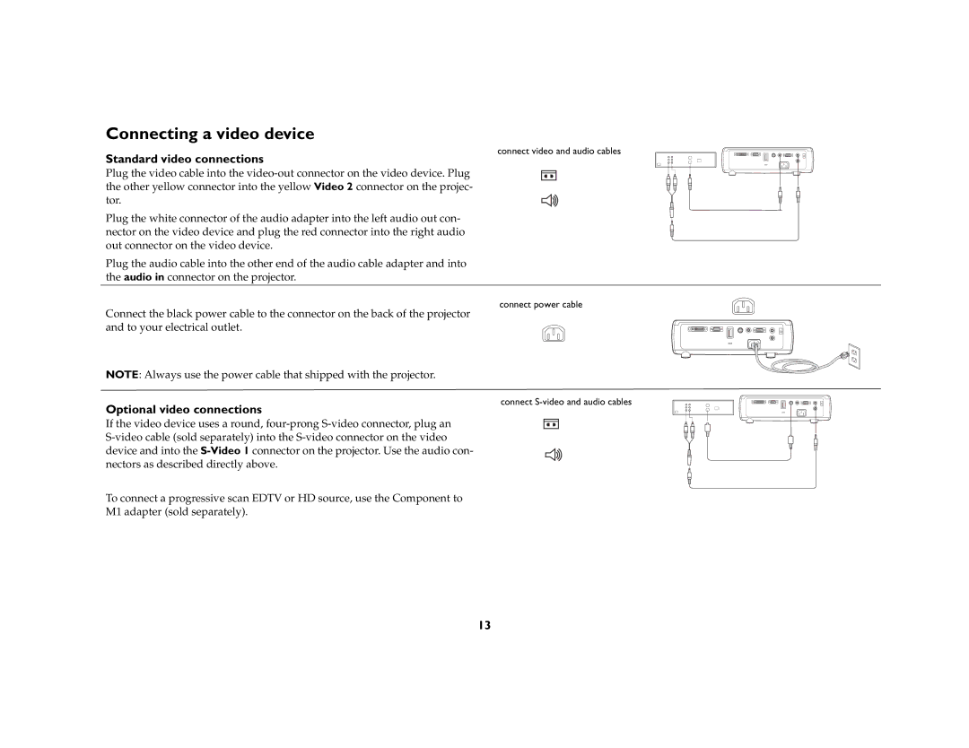 Ask Proxima C170 manual Connecting a video device, Standard video connections, Optional video connections 